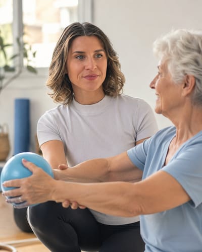 Séance d'activité physique adaptée : accompagnement en douceur d'une personne âgée avec ballon, à domicile dans le Sud Luberon