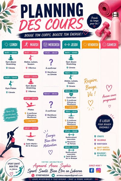 Planning des cours collectifs Sport Santé en Sud Luberon : gym douce/stretching, Pilates, abdos-cuisses-fessiers, cardio et renforcement musculaire à Céreste, Villemus, Montfuron, Saint-Martin-de-la-Brasque et Beaumont-de-Pertuis.